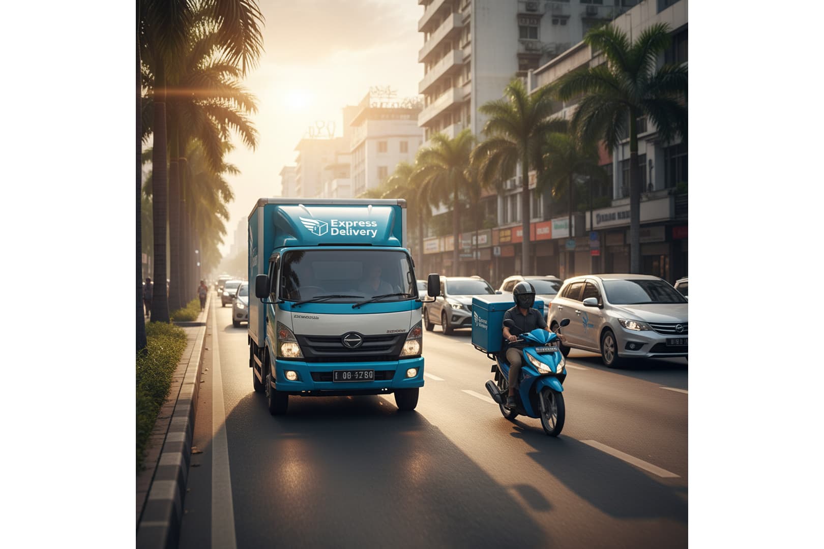 Ảnh: xe tải chuyển phát nhanh đang vận chuyển hàng hóa đến khách hàng